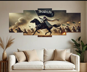 Islamic Warrior Canvas Wall Art – Set of 5 Panels (16x40 inches) | Wooden Sticky Tile Frames with Double Tape (3753196)