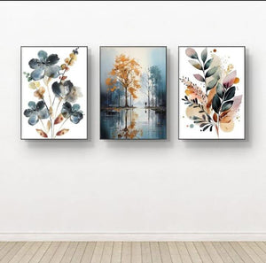 Nature-Inspired Wall Art Set – 3 Wooden Frames (8x11”) with Botanical & Landscape Designs | Easy Wall Mounting with Double Tape