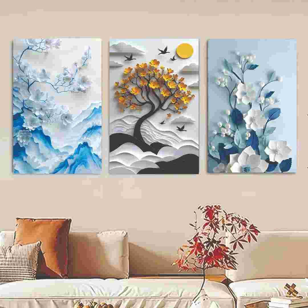 Set Of 3 Flower Tree Art Wooden Frames For Wall Decoration / Sticky Photo Tile (2929655)