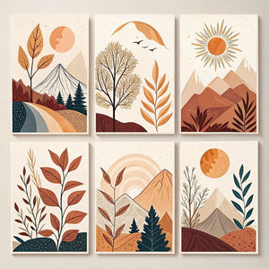 Hills Moon Sun Leaves Wooden Wall Art – 6 Piece Decorative Frame Set Made With Wooden Stickytile, Size 8x11 Inches Each, Easy To Mount With Double Tape