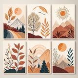 Hills Moon Sun Leaves Wooden Wall Art – 6 Piece Decorative Frame Set Made With Wooden Stickytile, Size 8x11 Inches Each, Easy To Mount With Double Tape