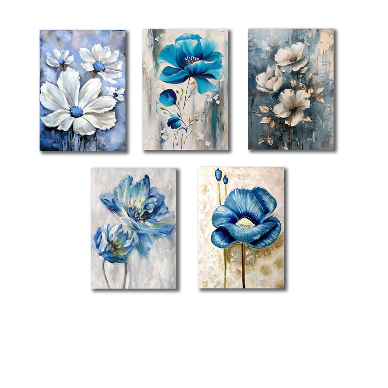 Set of 5 Blue Flowers Wall Art Wooden Frames for Home Decoration / Sticky Photo Tiles (2663935)
