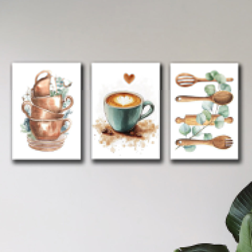 Set of 3 Wall Art Sticky Wooden Canvas Frames for Dining Room and Kitchen Decor / Sticky Photo Tiles
