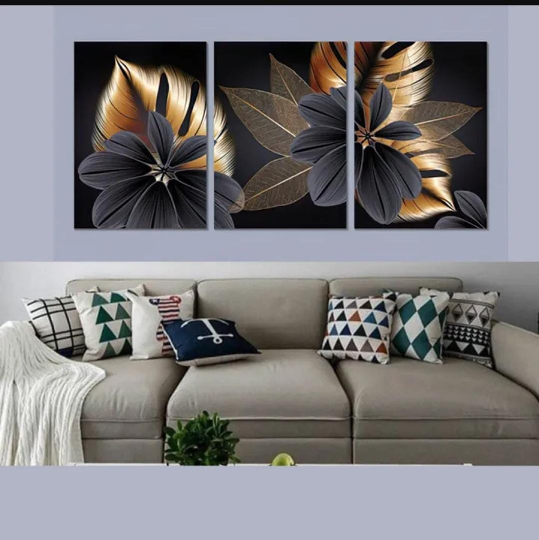 Modern Abstract Wall Art Set – 3 Wooden Frames (8x11”) with Geometric Gold & Black Designs | Easy Wall Mounting with Double Tape