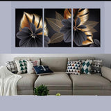 Modern Abstract Wall Art Set – 3 Wooden Frames (8x11”) with Geometric Gold & Black Designs | Easy Wall Mounting with Double Tape