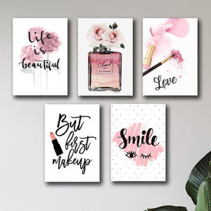 set of 5 make up themed girls room decore wall art wooden sticky Phototile frames