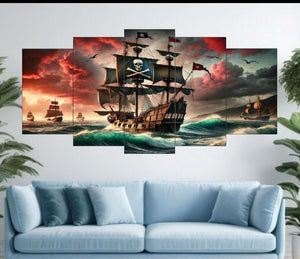 Pirate Ship Ocean Voyage Wall Art – 5-Piece Canvas Set (16x40 inches) | Wooden Sticky Tile Frames with Double Tape (3753197)