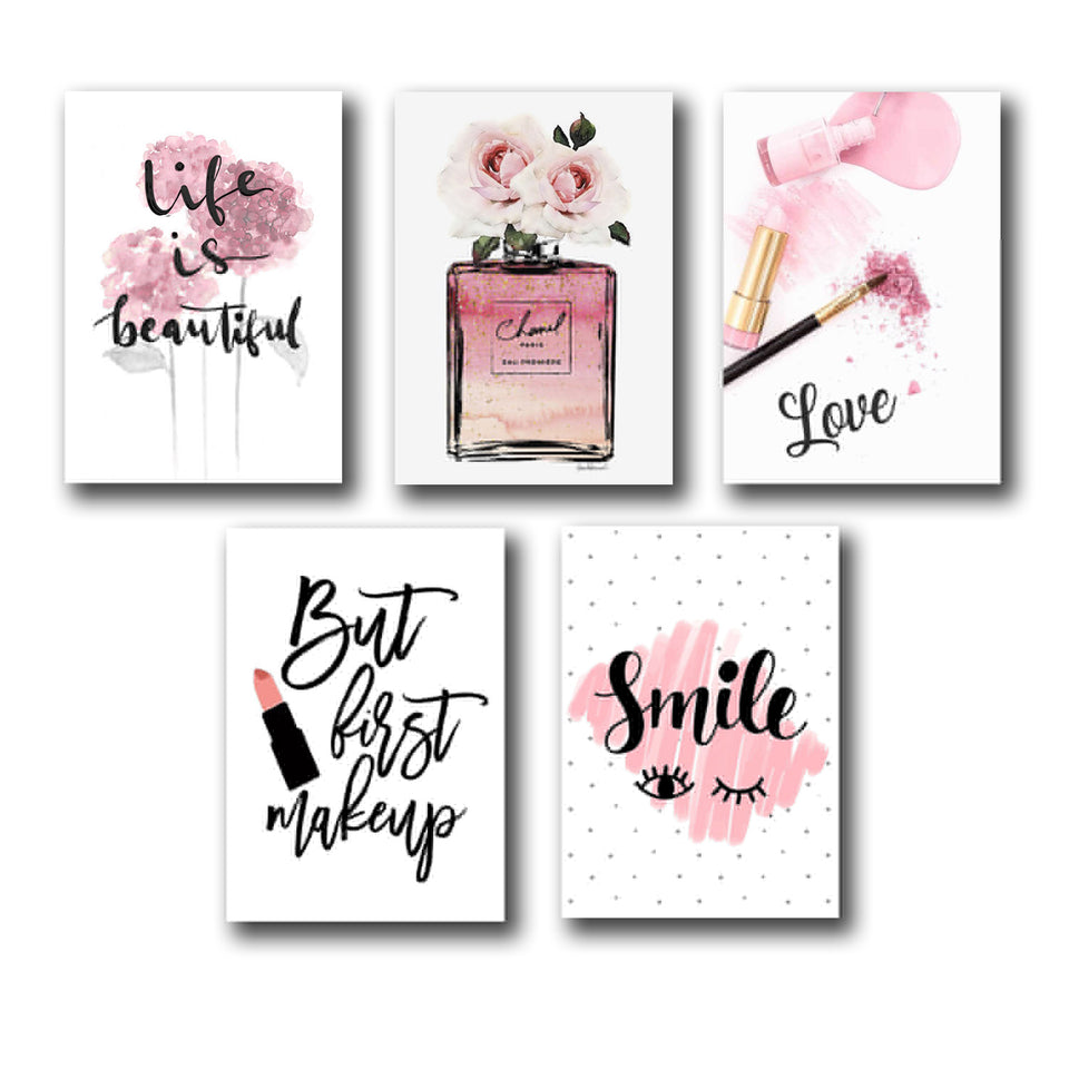 set of 5 make up themed girls room decore wall art wooden sticky Phototile frames