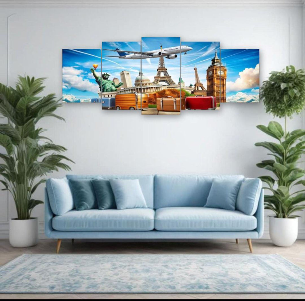 World Travel Landmarks Wall Art – 5-Piece Canvas Set (16x40 inches) | Wooden Sticky Tile Frames with Double Tape (3753198)