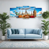 World Travel Landmarks Wall Art – 5-Piece Canvas Set (16x40 inches) | Wooden Sticky Tile Frames with Double Tape (3753198)