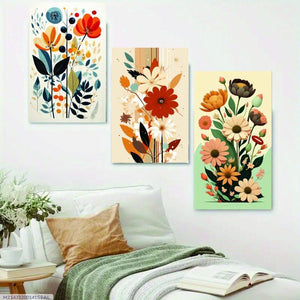 Set of 3 Floral Wall Frames – Wooden Decorative Art | 12x16 Inches | Easy Mounting with Double Tape