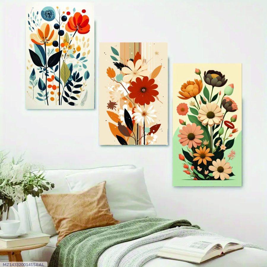 Set of 3 Floral Wall Frames – Wooden Decorative Art | 12x16 Inches | Easy Mounting with Double Tape