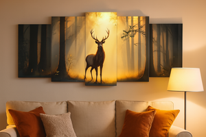 5-Piece Wooden Wall Frame – Deer in Forest Sunset Design | 16x40 Inch with Sticky Tiles