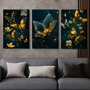 3 Pcs Butterfly Wall Art Frame Set – Elegant Golden Butterfly And Floral Design With Wooden Sticky Tile – 8x11 Inches With Double Tape