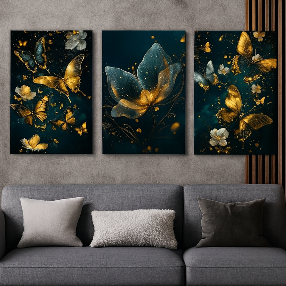 3 Pcs Butterfly Wall Art Frame Set – Elegant Golden Butterfly And Floral Design With Wooden Sticky Tile – 8x11 Inches With Double Tape