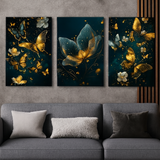 3 Pcs Butterfly Wall Art Frame Set – Elegant Golden Butterfly And Floral Design With Wooden Sticky Tile – 8x11 Inches With Double Tape