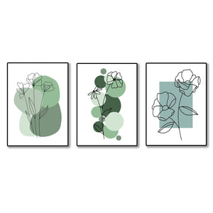 set of 3 abstract plant art wooden canvas frames for wall decore / sticky phototiles for home and office