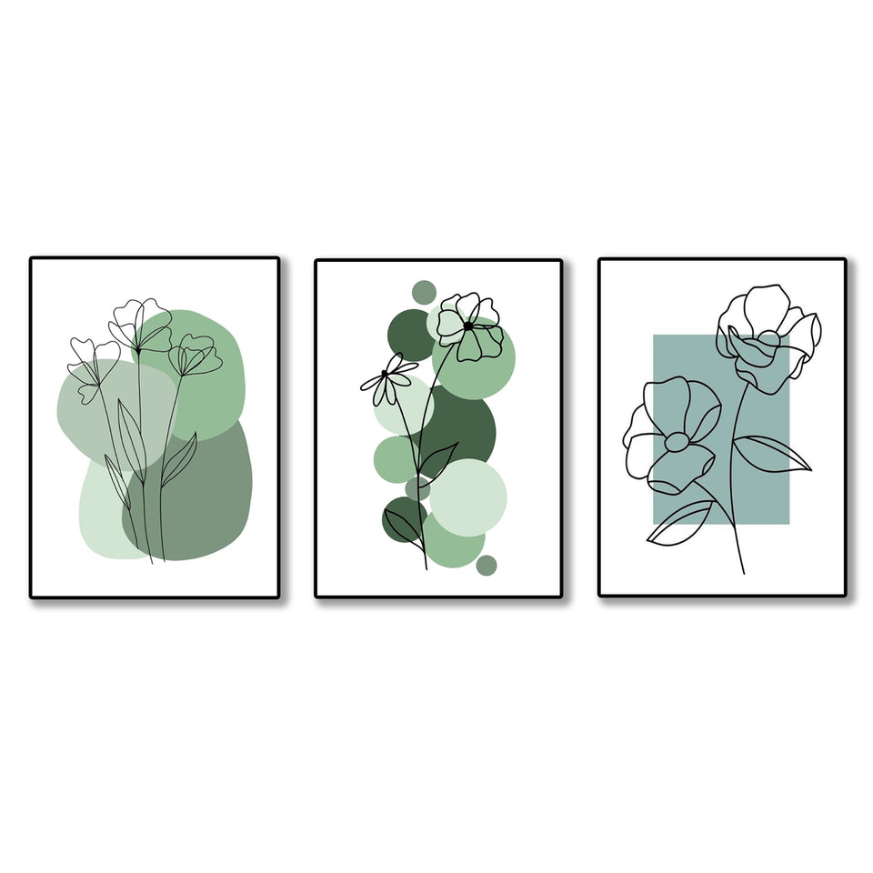 set of 3 abstract plant art wooden canvas frames for wall decore / sticky phototiles for home and office
