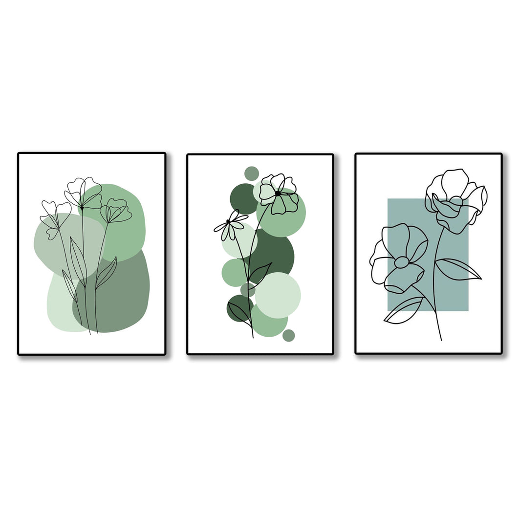 set of 3 abstract plant art wooden canvas frames for wall decore / sticky phototiles for home and office
