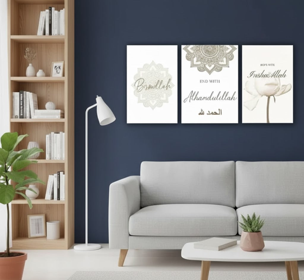 3-Piece Islamic Wall Art Frame Set – Bismillah, Alhamdulillah & InshaAllah Quotes – 8x11 Inch Modern Home Décor with Double Tape for Easy Mounting