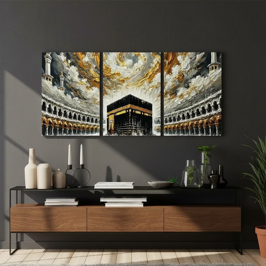 Khana Kaba Wooden Wall Art – 3 Piece Islamic Frame Set Made With Wooden Stickytile, Each Frame 8x11 Inches, Easy To Install With Included Double Tape